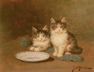 Dos gatitos con un cuenco vacío (óleo sobre tabla)
