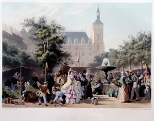 Vista del Quai aux Fleurs en París. El paseo por la Île de la Cité. Litografía de Jules Marie Desandre (1845-?) siglo XIX París, Museo Carnavalet