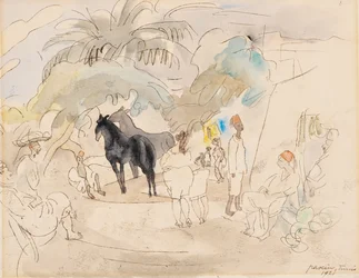 figuras y dos caballos en paisaje
