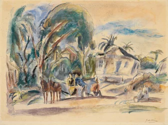 Paisaje, casa y árbol