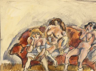 tres mujeres en un sofá rojo