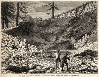 Una concesión minera o taller en California, dibujo de Jules Pelcoq, para ilustrar la historia del viaje del Barón de Wogan a California en 1850-1852. Grabado en “Le tour du monde, nouveau journal des voyages” París