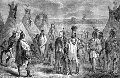 Grupo de indios Delawares en su campamento tipi. Grabado atribuido a Janet Lange, hacia 1870. Ilustración de la edición Hachette de 1888 del libro "El último de los mohicanos", según Fenimore Cooper.