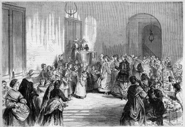 La emperatriz Eugenia de Montijo (1826-1920) esposa de Napoleón III, asistiendo a la comida de los niños en el refectorio de la casa hospitalaria Eugenio Napoleón cerca de la Barrière du Trône en París. De un dibujo de Jules Pelcoq. Grabado en "El