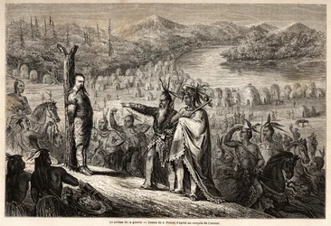El poste de guerra, el Barón de Wogan capturado por los indios de la tribu Timpabaches, se encuentra en las orillas del San Juan, brazo del río Grande, dibujo de Jules Pelcoq, para ilustrar la historia del viaje del Barón de Wogan a California en 1850-185