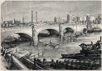 Transformaciones de París bajo el Segundo Imperio, Haussmann París: obras realizadas frente al puente del Alma en París para el paso del colector de alcantarillado en el fondo del Sena. Dibujo de Jules Pelcoq. Grabado en "El Universo Ilustre".