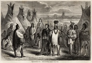 Tipos de indios Crees de Canadá, dibujo de Pelcoq, para ilustrar la exploración de las Montañas Rocosas en 1857-59 por el Capitán John Palliser. Grabado en "Le tour du monde, nouveau journal des voyages" París