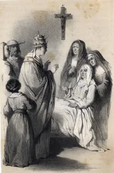 Representación de Santa Clara de Asís (c. 1192-1253), fundadora de la orden religiosa de las clarisas en "Las mujeres ilustres de Europa". Por la condesa Drohojowska, de nombre Symon de Latreiche. Dibujos ilustrativos de Jules David y Raunheim. Hacia 1850