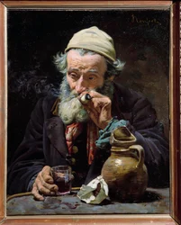 El bebedor. Un anciano fuma en pipa y bebe una copa de vino. Pintura de Jules Rousset (1840-?), siglo XIX, Orléans, Museo de Bellas Artes