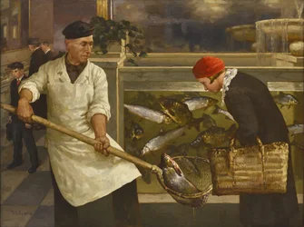 In a Fish Shop par Klever, Juli Julievich, el Joven (1882-1942). Óleo sobre lienzo, tamaño : 130x176
