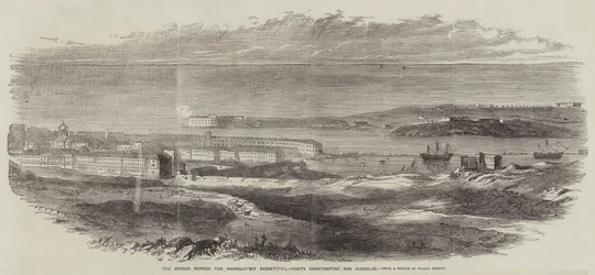 El puente sobre el puerto de Sebastopol, fuertes Constantino y Nicolás