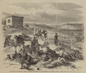 El campo de Tchernaya, después de la batalla, llevando a los heridos a una casa de piquete francesa