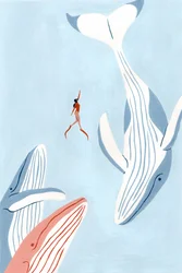 Una mujer y las ballenas nadan