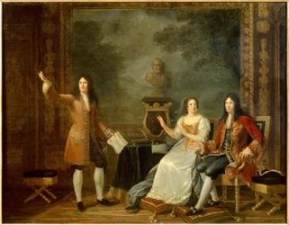 Jean Racine (1639-1699) leyendo "Athalie" ante Luis XIV (1638-1715) y Françoise d