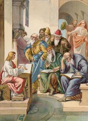 Jesús con los ancianos en el Templo (litografía en color)