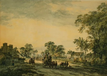 Un carruaje y figuras en un camino rural abierto