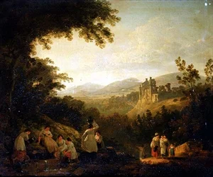 Paisaje boscoso con lavanderas junto a una fuente