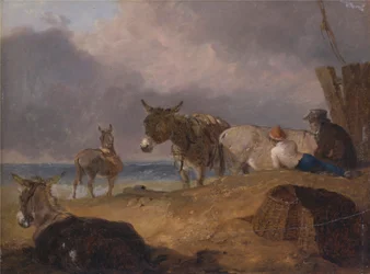 Burros y figuras en una playa