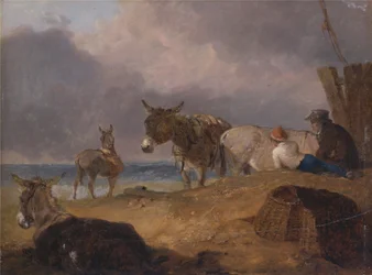 Burros y figuras en una playa