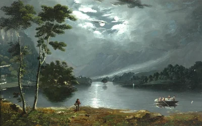 Ferry, Windermere, mirando al norte y lago a la luz de la luna