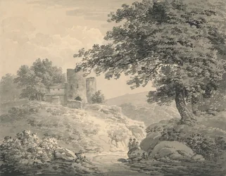 Paisaje con una torre en ruinas
