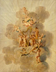 Querubines alados con instrumentos musicales, sección de la cenefa decorativa de la Sala de Música, Kenwood House, Londres (papel pintado)
