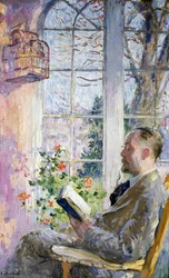 "En la veranda" Un hombre leyendo un libro, una jaula con un pájaro colgando. Pintura de Julius Gari Melchers (1860-1932)
