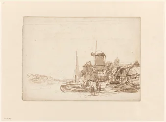 Pueblo con molino de viento en un canal