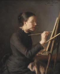 La pintora Agnes Paulsen, la hermana del artista, en su caballete