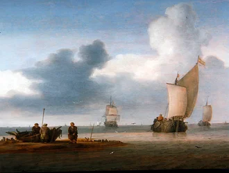 Escena de playa con veleros y pescadores