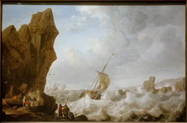 Barco de pesca en mar tormentoso frente a una costa rocosa