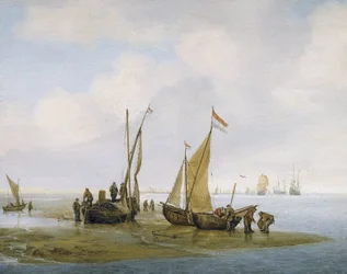 Pesca de mejillones, tres barcos pesqueros holandeses en la orilla, uno de ellos con la vela izada, y grupos de pescadores ocupados en el mantenimiento y la descarga de los barcos, más abajo en la playa, otros dos llevan cestas llenas de mejillones.