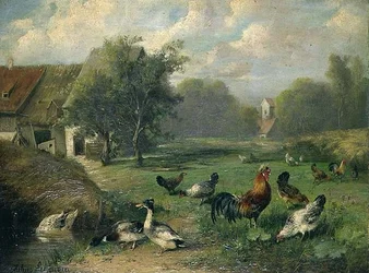 Patos y aves de corral junto a un estanque