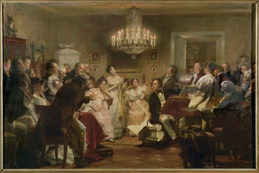 Schubert al piano durante una velada Schubert en un salón vienés ... (pintura al óleo)