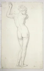 Desnudo femenino en pose de pie, visto de espaldas; reverso, contorno de un desnudo femenino