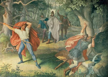 Hagen matando a Sigfrido en la fuente, Salón de los Nibelungos