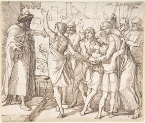 El martirio de los siete hermanos; verso: boceto de dos hombres luchando (?)