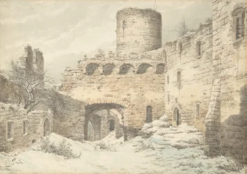 Vista invernal del patio de un castillo medieval en ruinas