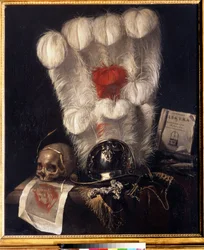 Vanity (Vanidad) con calavera rodeada por una espiga de trigo, yelmo, puñal (o espada), cuerno, plumas y una copia de "Electra" de Sófocles. Pintura de Jurlaen van Streeck (1632-1687). Óleo sobre lienzo, 98 x 84 cm