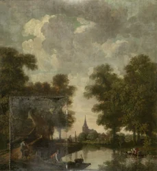 Cuadro pintado con un paisaje holandés con un río