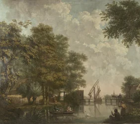 Tres tapices con un paisaje holandés Pintura de papel pintado de un paisaje holandés con un puente abierto Tres pinturas de papel tapiz de un paisaje holandés