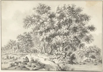 Paisaje con hombre sentado con perro y caminantes en la carretera rural