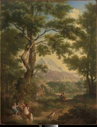 Paisaje arcádico con niños, un pájaro y un perro