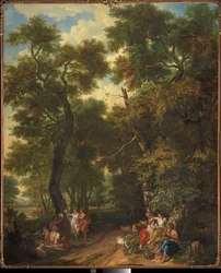 Paisaje arcádico con pastores tocando música y bailando