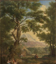 Paisaje arcádico con niños al frente a la izquierda con un pájaro y un perro