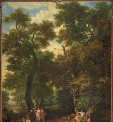 Paisaje arcádico con pastores haciendo música y bailando