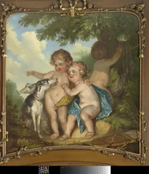 Tres niños con dos perros