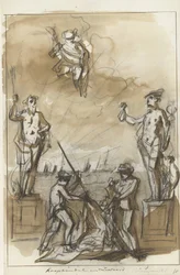 Comercio y navegación, decoración en el Nieuwmarkt, 1795 Comercio y Navegación (título sobre objeto)