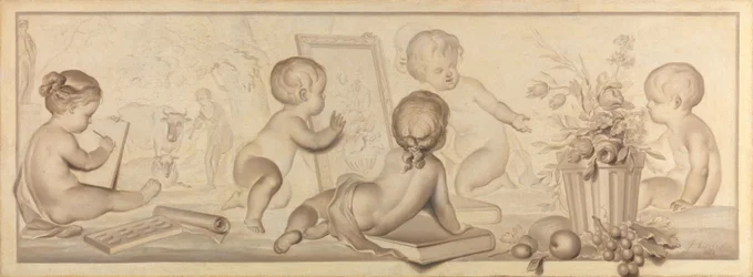 Seis Putti con flores y frutas y Atributos del arte de dibujar