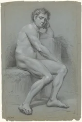 Desnudo masculino sentado, mano izquierda bajo la cabeza